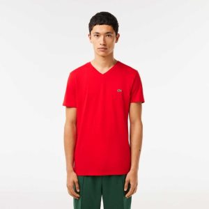 Red Lacoste V-Neck Pima Cotton Jersey T-Shirt | NLRYTG-796