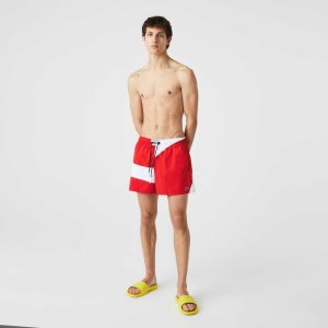 Red / White Lacoste Heritage Graphic Patch Light Swimming Trunks | GHFIVK-681