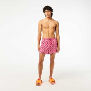 Red / White Lacoste Recycled Polyester Print Swim Trunks | PCDWIM-590