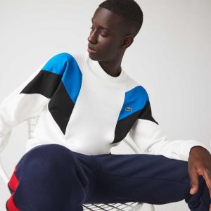 White / Blue / Black Lacoste Crew Neck Colorblock Design Cotton Fleece Sweatshirt | IRESWT-429