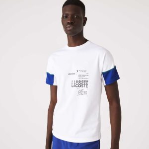 White / Blue / Black / White Lacoste SPORT Lettered Technical Cotton T-Shirt | NISADY-231