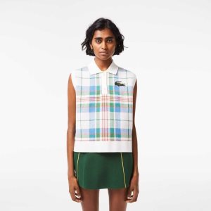 White / Blue / Green / Orange Lacoste Sleeveless Organic Cotton Check Polo | UAFOVE-896