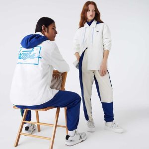 White / Blue Lacoste LIVE Contrast Hood Buttoned Jacket | WOXVYG-463