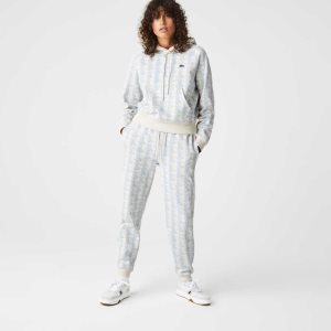 White / Blue Lacoste LIVE Monogram Design Fleece Tracksuit Pants | FJKUXI-867