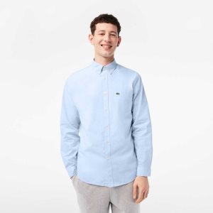 White / Blue Lacoste Regular Fit Cotton Poplin Shirt | QXLGDY-429