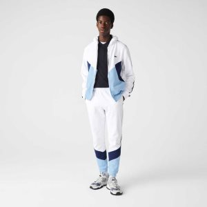 White / Blue Lacoste Signature Striped Colorblock Fleece Jogging Pants | MPXWHE-415