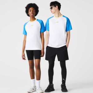 White / Blue / Yellow Lacoste LIVE Cotton T-shirt | KIXQZE-034