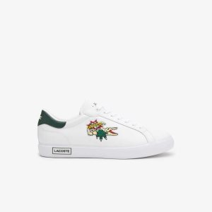 White/Dark Green Lacoste Powercourt Leather Sneakers | JTKDHM-296