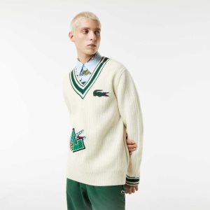 White / Green Lacoste Comic Badge Sweater | WJAZTS-823