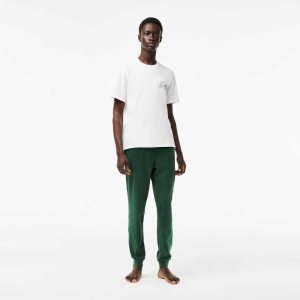 White / Green Lacoste Cotton Jersey Pajama Set | GRJPWF-314