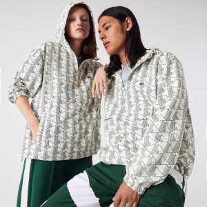 White / Green Lacoste LIVE Monogram Patterned Pullover Windbreaker | OLBIHD-456