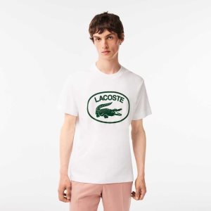 White / Green Lacoste Relaxed Fit Branded Cotton T-Shirt | LSAJTU-021