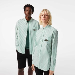 White / Green Lacoste Relaxed Fit Large Crocodile Cotton Shirt | TJPMID-901