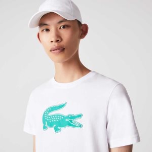 White / Green Lacoste SPORT 3D Print Crocodile Breathable Jersey T-Shirt | KMHFUS-983