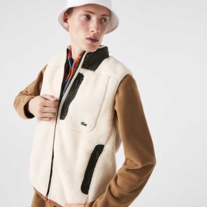 White / Khaki Green Lacoste Sherpa Fleece Vest | OLJMZF-963