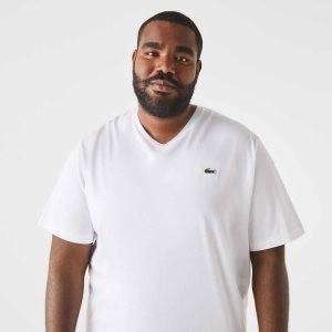 White Lacoste Big Fit V-Neck Jersey T-Shirt | XISPZO-683