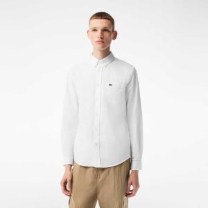 White Lacoste Buttoned Collar Oxford Cotton Shirt | ALWGPX-931