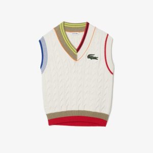 White Lacoste Cable Knit Sweater Vest | QVJPLU-816