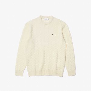 White Lacoste Classic Fit Wool Cable Knit Sweater | RMJWDY-240