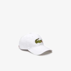 White Lacoste Contrast Strap And Oversized Crocodile Cotton Cap | BFVUJY-035