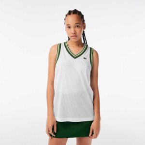 White Lacoste Contrast V Neck Tank Top | KLISVX-170