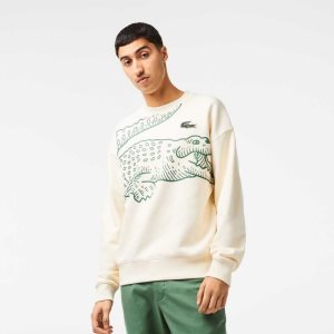 White Lacoste Crew Neck Loose Fit Croc Print Sweatshirt | XBCHMJ-509