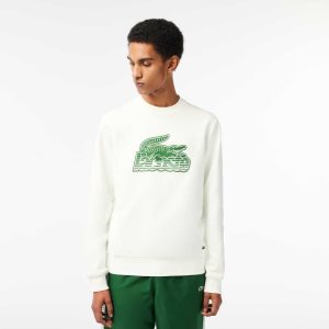 White Lacoste Crew Neck Unbrushed Fleece Sweatshirt | GURPHD-318