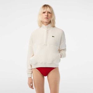 White Lacoste High-Neck Terry Cloth Half Zip Sweatshirt | UHFBWK-759