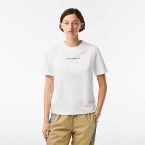 White Lacoste Jersey Contrast Print T-Shirt | IHBERX-980