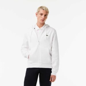 White Lacoste Kangaroo Pocket Fleece Zipped Sweatshirt | EIXMBT-175