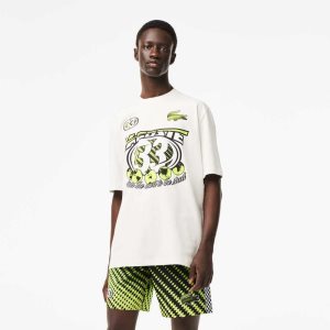 White Lacoste Loose Fit Cotton Jersey Print T-Shirt | EWIXCV-201