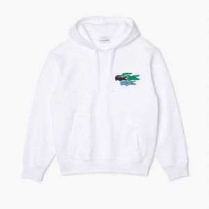 White Lacoste Loose Fit Hooded Organic Cotton Sweatshirt | PZSOVQ-201