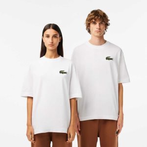 White Lacoste Loose Fit Large Crocodile Organic Cotton T-Shirt | BDMIOQ-258