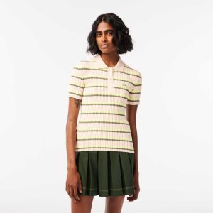 White Lacoste Organic Cotton French Made Striped Polo | ZFWTKX-421