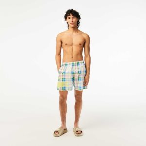 White Lacoste Quick-Dry Colored Check Swim Trunks | AHBUVJ-087