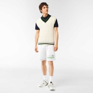 White Lacoste Regular Fit Contrast Branding Fleece Shorts | ECBKQH-754