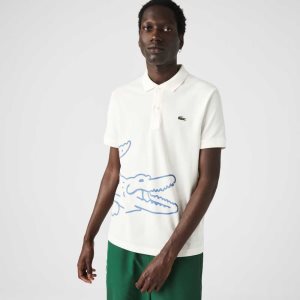 White Lacoste Regular Fit Crocodile Print Cotton Pique Polo | DYTRCX-456