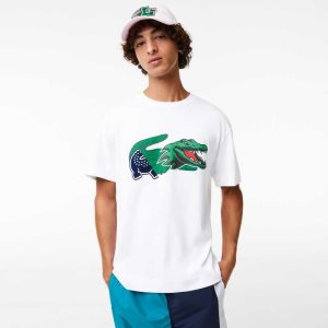 White Lacoste Relaxed Fit Oversized Crocodile T-Shirt | XMAUBL-104