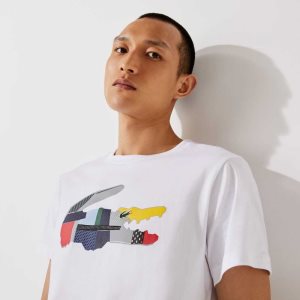 White Lacoste SPORT Patchwork Crocodile Print Cotton T-Shirt | EBGYSC-976