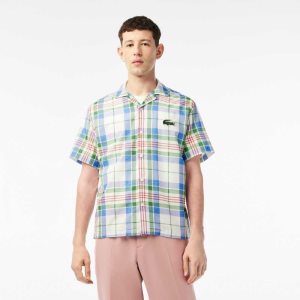 White Lacoste Short Sleeve Organic Cotton Check Shirt | EDQUHA-468