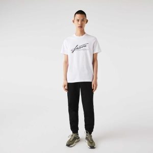 White Lacoste Signature And Crocodile Print Crew Neck Cotton T-Shirt | ZUVWGH-203