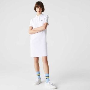 White Lacoste Trumpet Sleeve Pique Polo Dress | ELBGIY-931