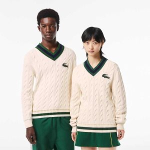 White Lacoste V-Neck Cable Knit Sweater in Organic Cotton | PMDTOV-467