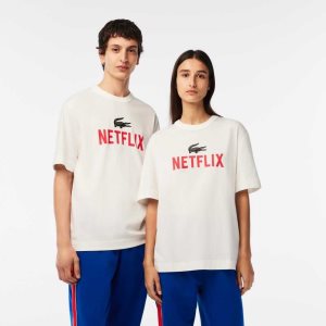 White Lacoste x Netflix Loose Fit Organic Cotton T-Shirt | LKDVSZ-613