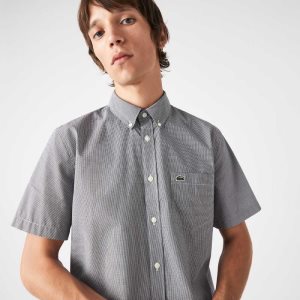 White / Navy Blue Lacoste Regular Fit Gingham Check Shirt | JCWVLD-481