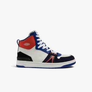 White / Navy Lacoste L001 Mid Leather Colorblock Sneakers | SUDRMY-596