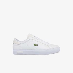 White/White Lacoste Powercourt Burnished Leather Sneakers | UBKIDL-740
