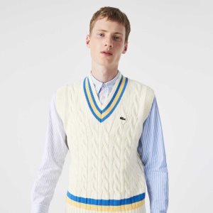 White / Yellow / Blue Lacoste Classic Fit Wool Sweater Vest | JICLBN-392