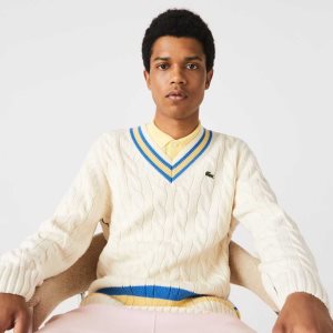 White / Yellow / Blue Lacoste Classic Fit Contrast Striped Wool Sweater | UPNHJL-586