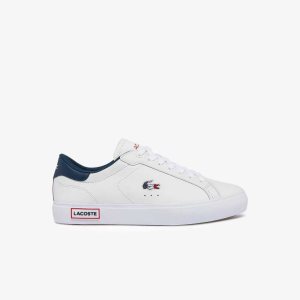 Wht/Nvy/Red Lacoste Powercourt Leather Tricolor Sneakers | SQGIMO-862